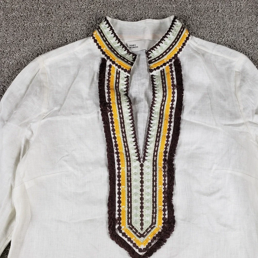 Tory Burch Linen Tunic Womens (S) White Ivory Embroidered Kaftan Top